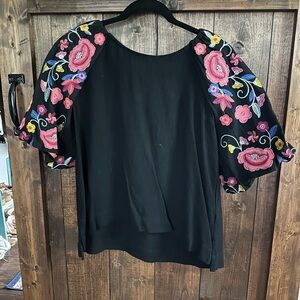 Embroidered Black Top with Floral Sleeves